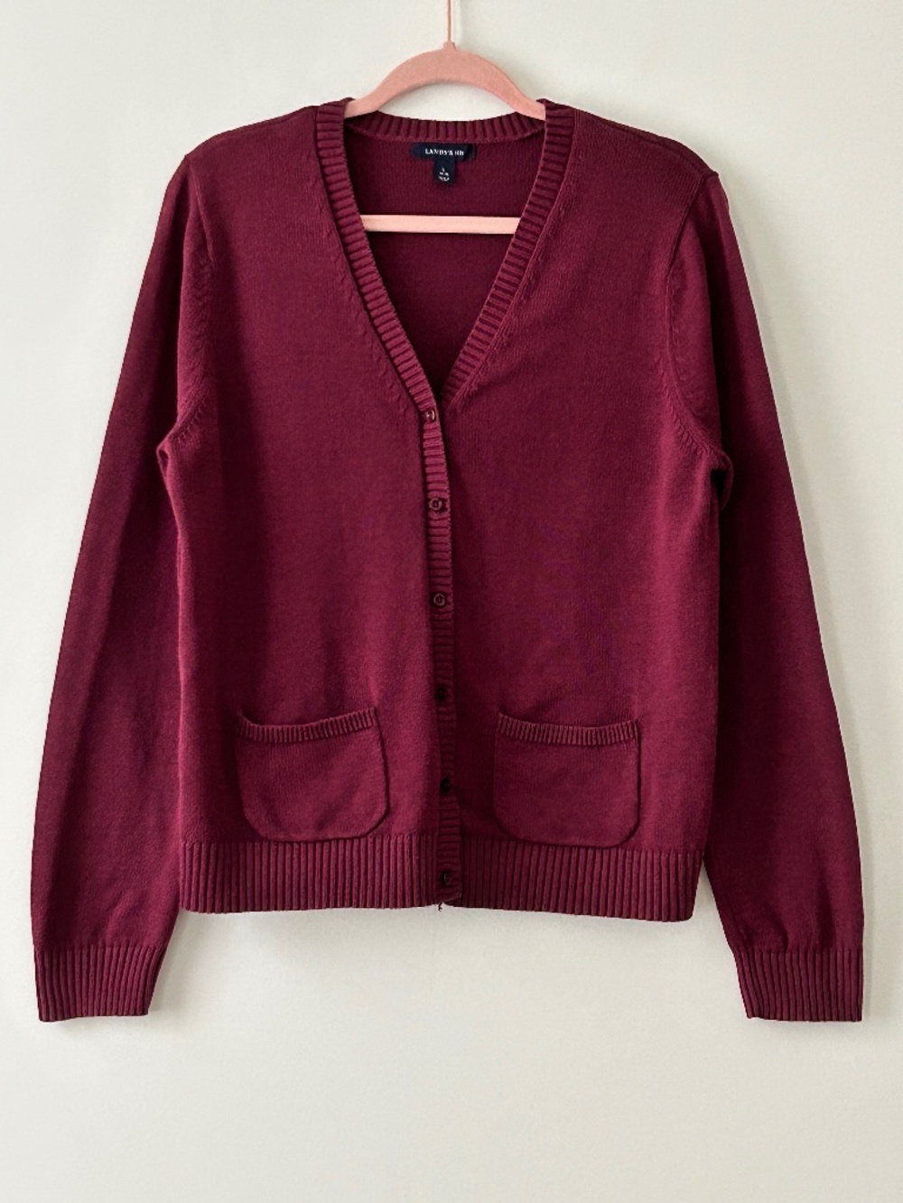 Lands End 100% Cotton Burgundy Button Up Cardigan